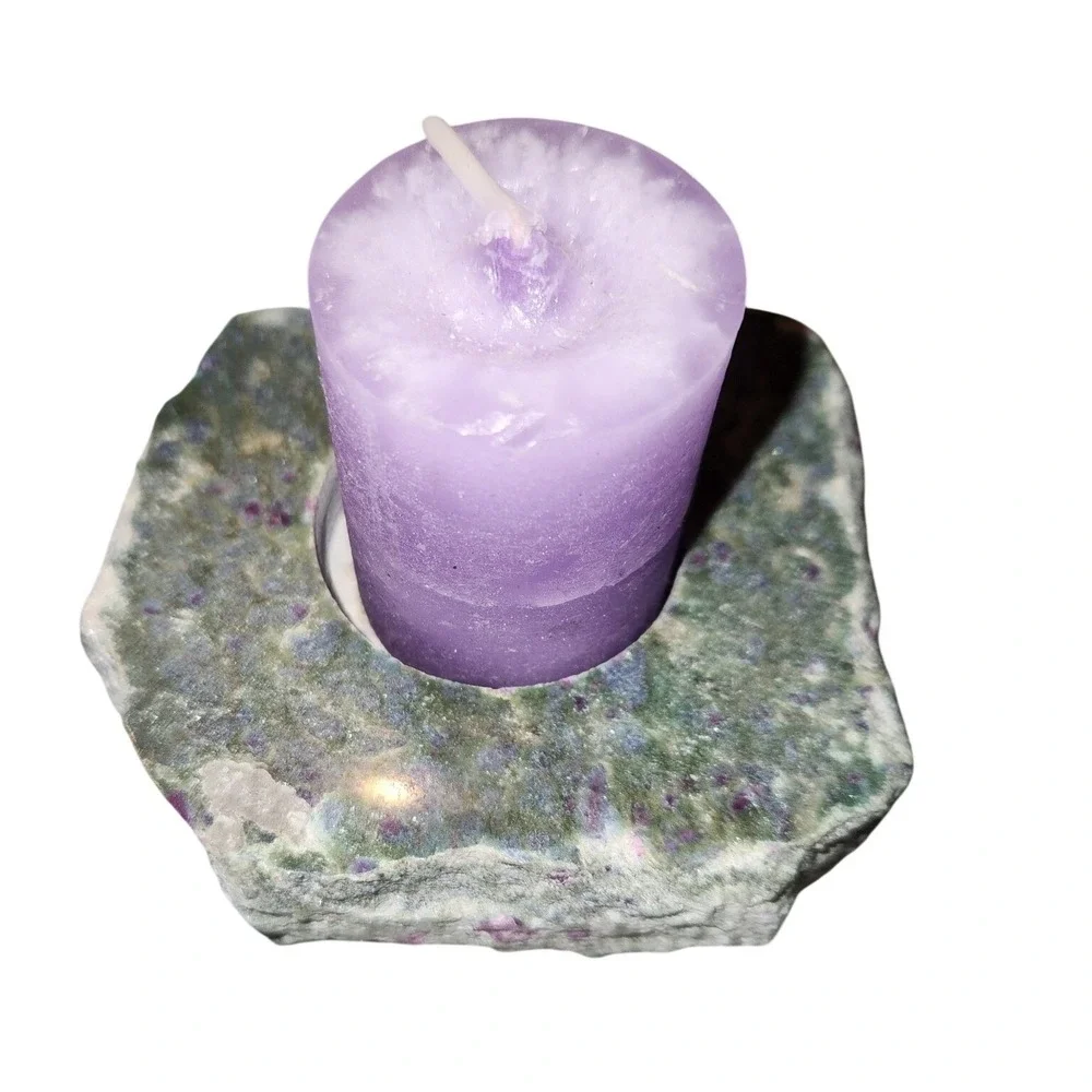 Natural Ruby Zoisite Tea Light Candle Holder Raw Edge Polished Top Specimen